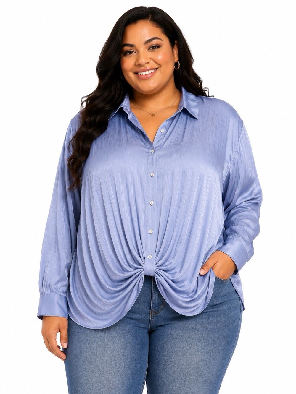 Terra & Sky 1X Lavender Satin Twist Front Button Up Blouse Long Sleeve Plus Size